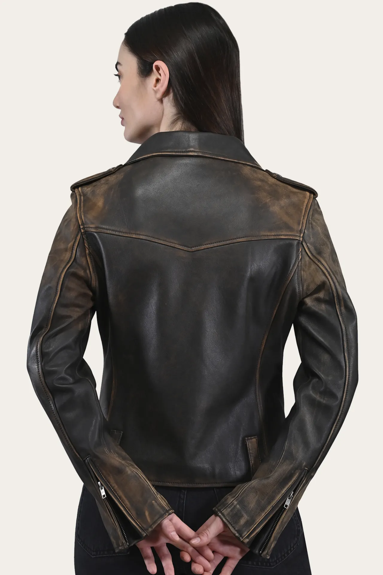 Frye Leather Jackets^Authentic Soft Lamb Crackle Leather Biker Jacket Brown