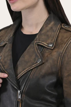 Frye Leather Jackets^Authentic Soft Lamb Crackle Leather Biker Jacket Brown