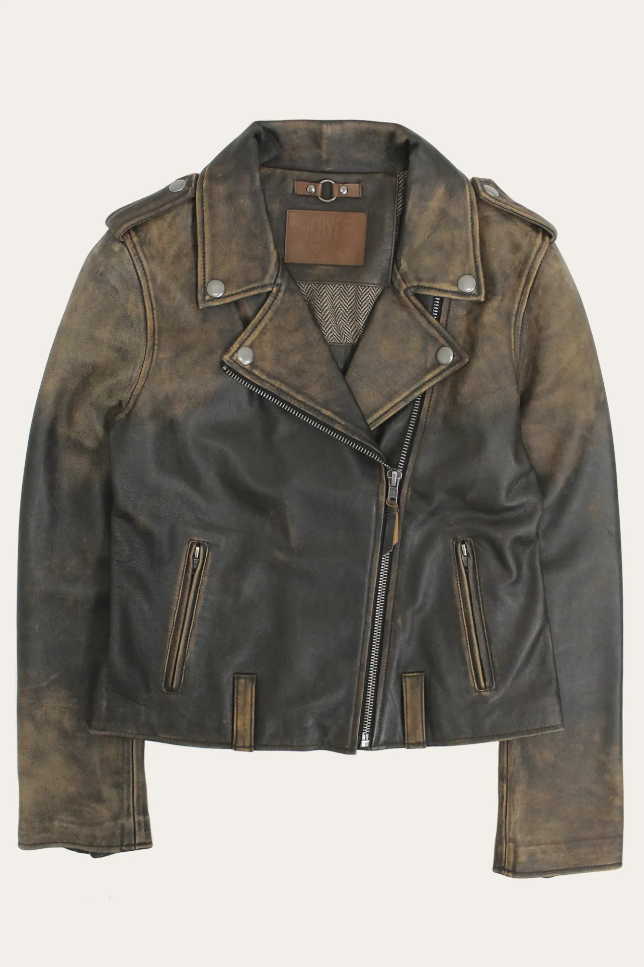Frye Leather Jackets^Authentic Soft Lamb Crackle Leather Biker Jacket Brown