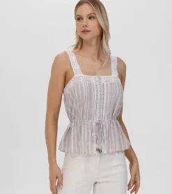 Frye Tops^Lace Trim Square Neck Tank Natural Sand Stripe