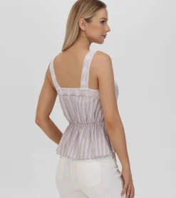 Frye Tops^Lace Trim Square Neck Tank Natural Sand Stripe