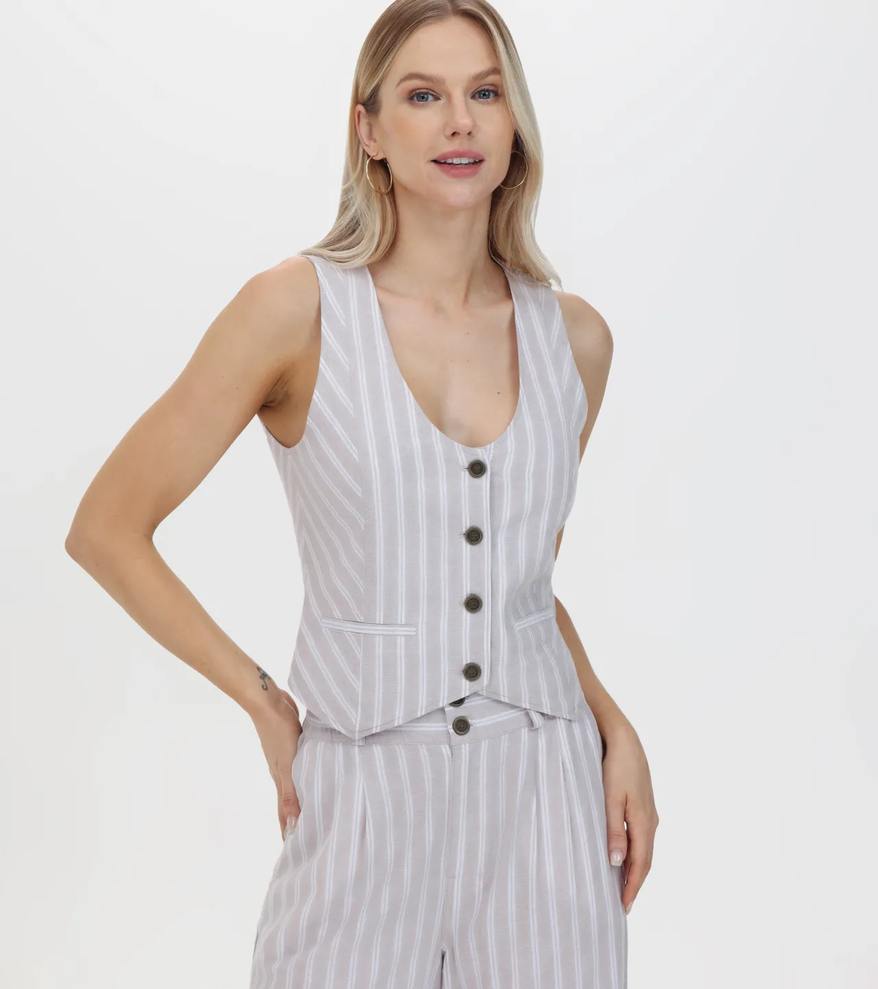 Frye Tops^Linen Striped Button Vest Natural Sand Stripe