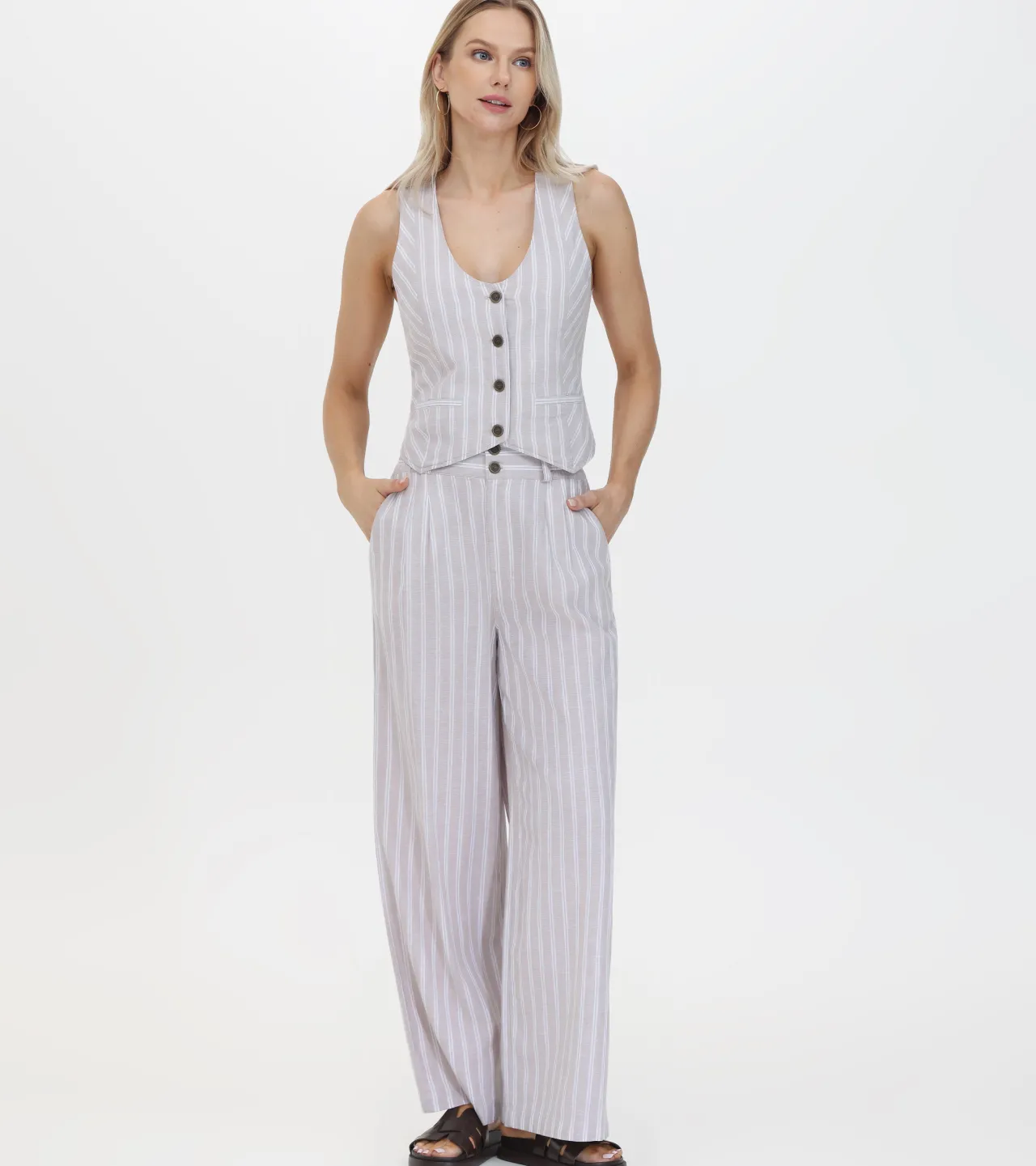 Frye Bottoms^Linen Striped Wide Leg Pant Natural Sand Stripe