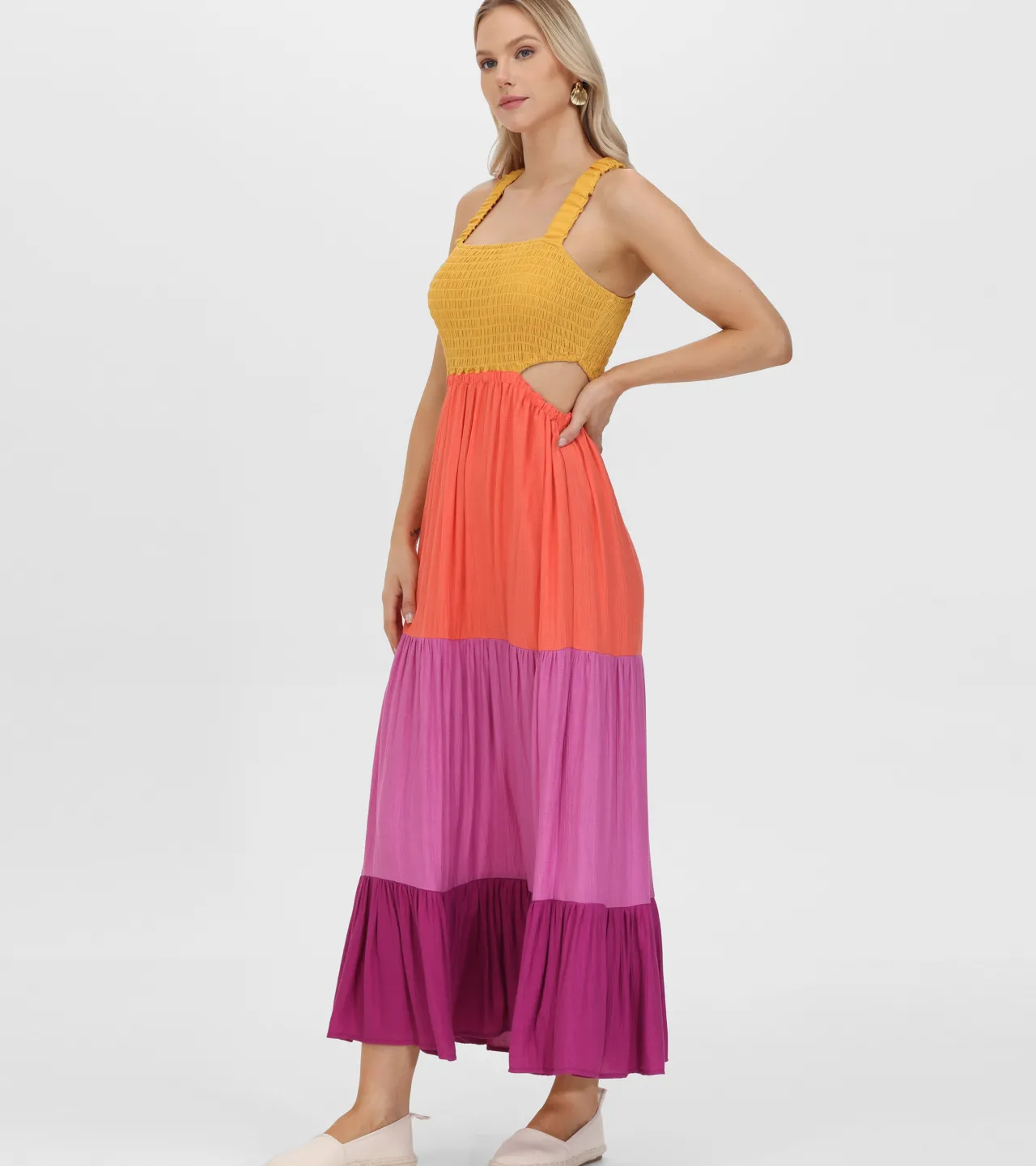 Frye Dresses^Smocked Color Block Maxi Dress Oaxaca Combo