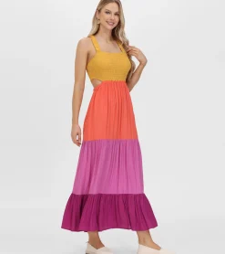 Frye Dresses^Smocked Color Block Maxi Dress Oaxaca Combo